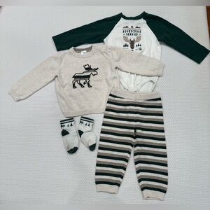Gymboree Neutral Moose Stripe Baby Outfit Set - Green & Cream 18-24 Months